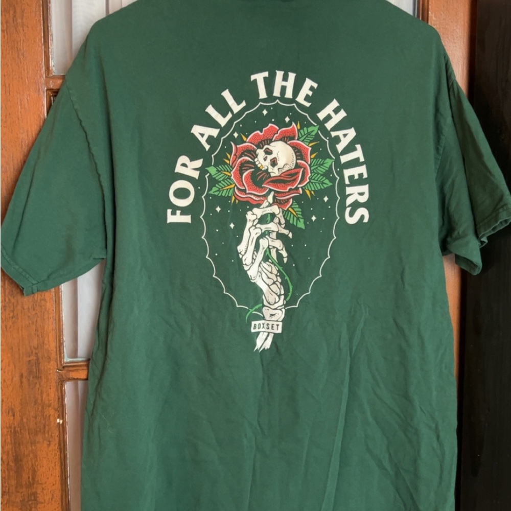 Men's Dark Green Graphic Tee - 'For All The Haters' Rose Print